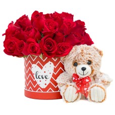 Red roses in Love box with bear