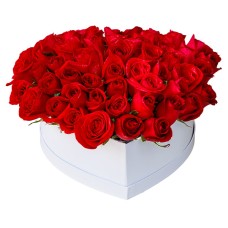 Red roses in white heart shaped box