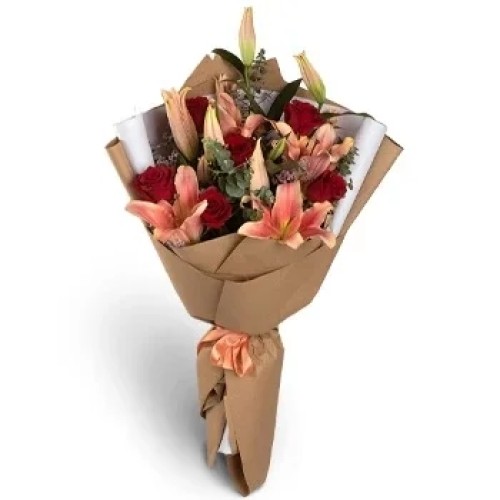 BOUQUET OF ROSES & PINK LILIES