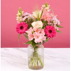 Peach Rose & Gemini Arrangement in Glass Vase