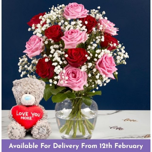 Classic Pink and Red Rose Bouquet With Free Bear