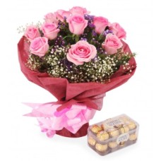 12 Pink Roses And 16 Ferrero Rocher Chocolates (Premium)