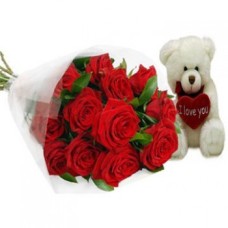 10 Red Roses With Teddy Bear. (Deluxe)