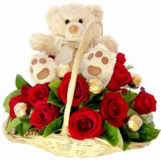 12 Red Roses, Teddy, 8 Chocolates In A Basket