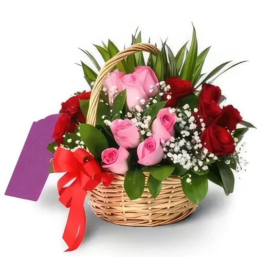 Love Basket Filled with Red n Pink Roses