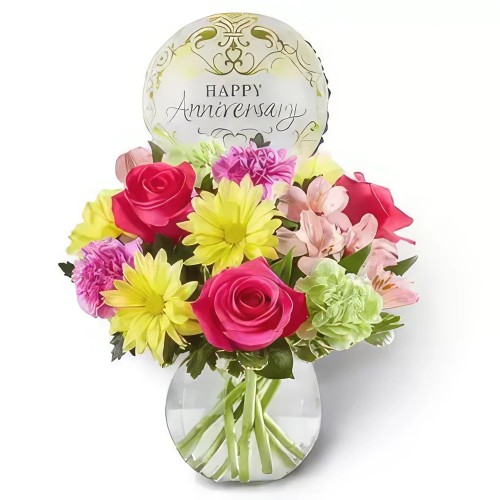 Anniversary Vase with Balloons and Spring Blooms