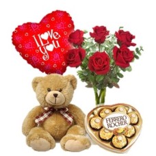 6 Red Roses, Teddy, Balloon And 9 Ferrero Chocolate (Deluxe)