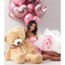 Pink Roses & Brown Teddy Bear With Pink Heart Balloons