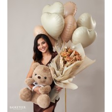Heart Balloons & Brown Teddy Bear Toffee Bouquet Set