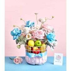 Bright Flowers With Fresh Fruit Gift Basket