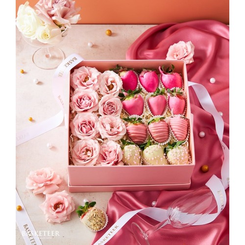 Soft Pink Roses & Chocolate Strawberries
