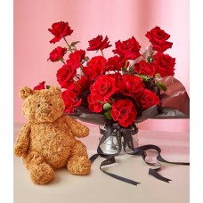 Radiant Red Roses & Bear Hug
