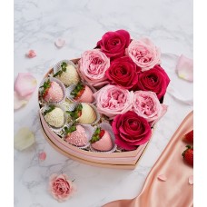 Chocolate Covered Strawberries & Flowers Heart Gift Box