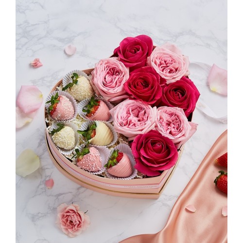 Chocolate Covered Strawberries & Flowers Heart Gift Box