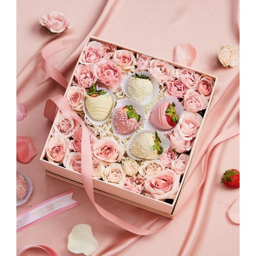 Chocolate Covered Strawberries & Pink Roses Gift Box