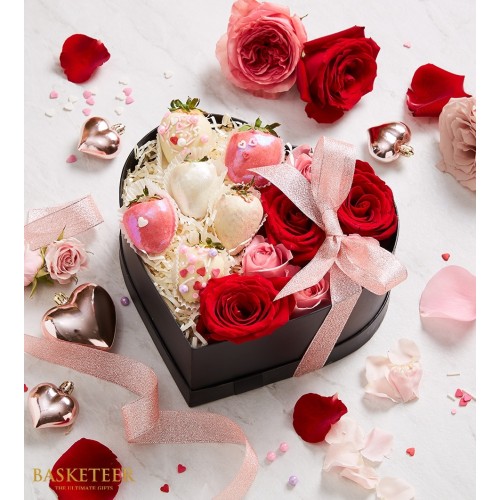 Chocolate Covered Strawberries With Red Roses Heart Box