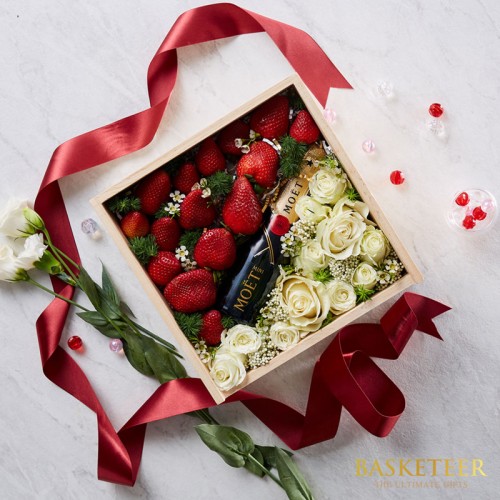 Champagne & Mixed Fruit With Flowers Gift Box