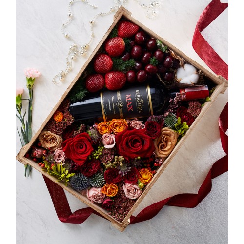 Classic Wine & Mixed Berry With Flowers Gift Box