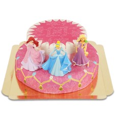 3 princesses on a two tier cake with ribbon