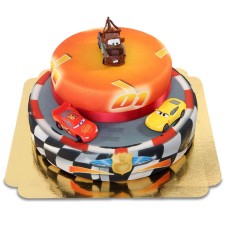 Cars 2 - Lightning McQueen, Cruz Ramirez and Hook on two tier racetrack cake with ribbon