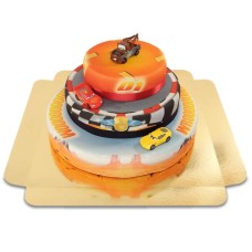 Cars 3 - Lightning McQueen, Cruz Ramirez and Hook on 3 tier racetrack cake with ribbon