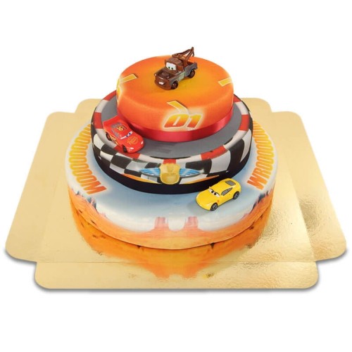Cars 3 - Lightning McQueen, Cruz Ramirez and Hook on 3 tier racetrack cake with ribbon