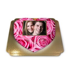 Photo cake with pink roses in heart shape (Medium  (25 x 24 cm (10 Servings)))