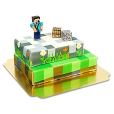 Minecraft figure on two-tiered game world cake