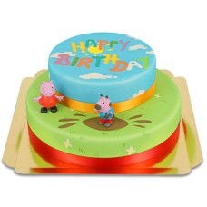 Peppa Pig and George on a two-tier meadow cake