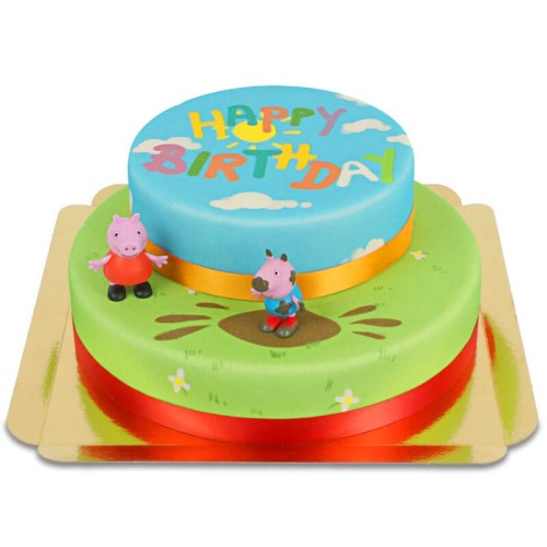Peppa Pig and George on a two-tier meadow cake