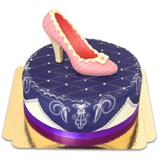 Purple deluxe cake with chocolate shoe and ribbon