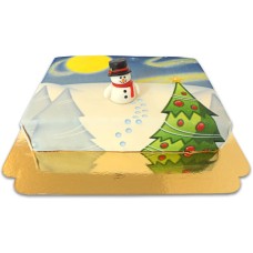 sugar snowman on winter landscape cake