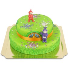 Teletubbies on a 2-tier flower meadow house cake