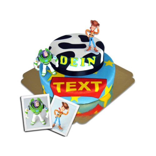 Cowboy Woody & Buzz Lightyear on a tiered cake with ribbon