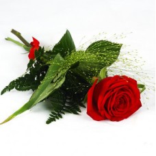 Hand bouquet with a red rose fountain grass
