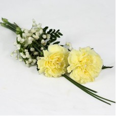 Hand bouquet of yellow carnations and bear grass