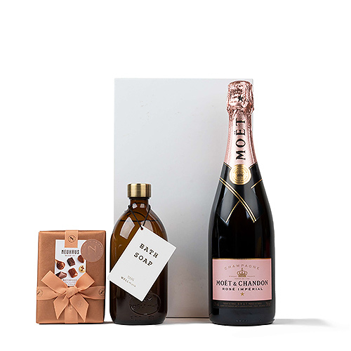 Moet Rose Champagne , Wellmark Bathsoap & Neuhaus Chocolates
