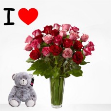 Bouquet Pink roses + Bear and Choco Flowers (12 Roses + greens)