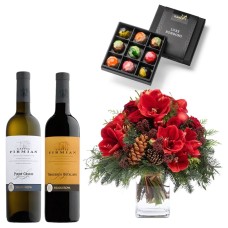 Crackling Fireplace Gift Package: Centerpiece, Wine, bonbons