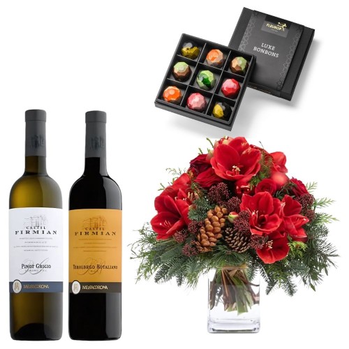Crackling Fireplace Gift Package: Centerpiece, Wine, bonbons