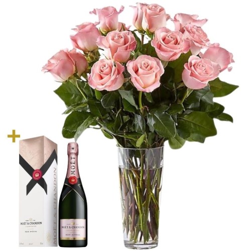 Bouquet Pink Roses & Moët Chandon Rose Brut (12 roses.)