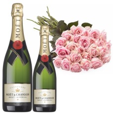 Pink Roses & Champagne, Moët Chandon Brut (12 roses)