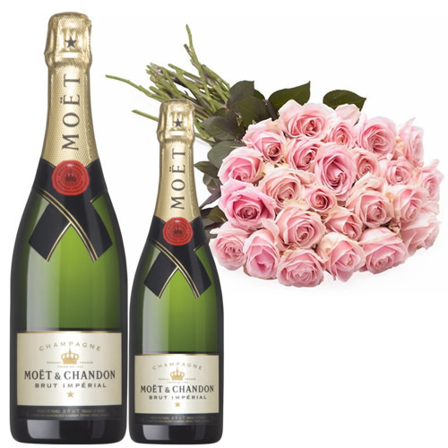 Pink Roses & Champagne, Moët Chandon Brut (12 roses)