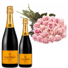 Pink Roses + Champagne, Veuve Clicquot Brut (12 roses)