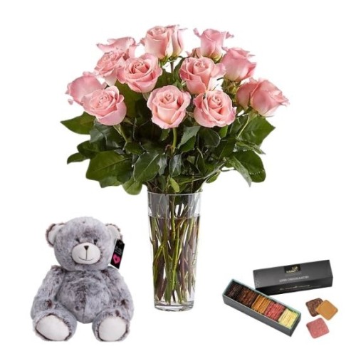 Bouquet of Pink Roses + Bear and Chocolates (12 Roses.)