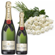 White Roses + Bottle Moët & Chandon Champagne (100 roses)