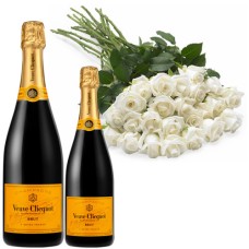 White Roses + Bottle Veuve Clicquot Brut Champagne (100 roses)