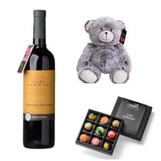 Gift Package, Red wine, Belgian Chocolate Bonbons, and a little bear