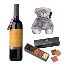 Gift Package, Red wine, Box luxury Chocolates, and a little bear