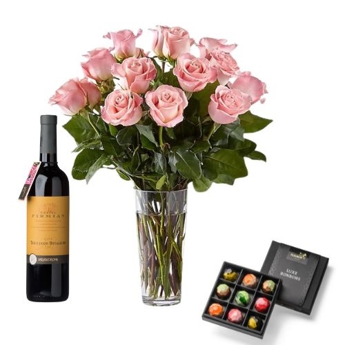 Bouquet Pink roses with chocolate Bonbons and red wine